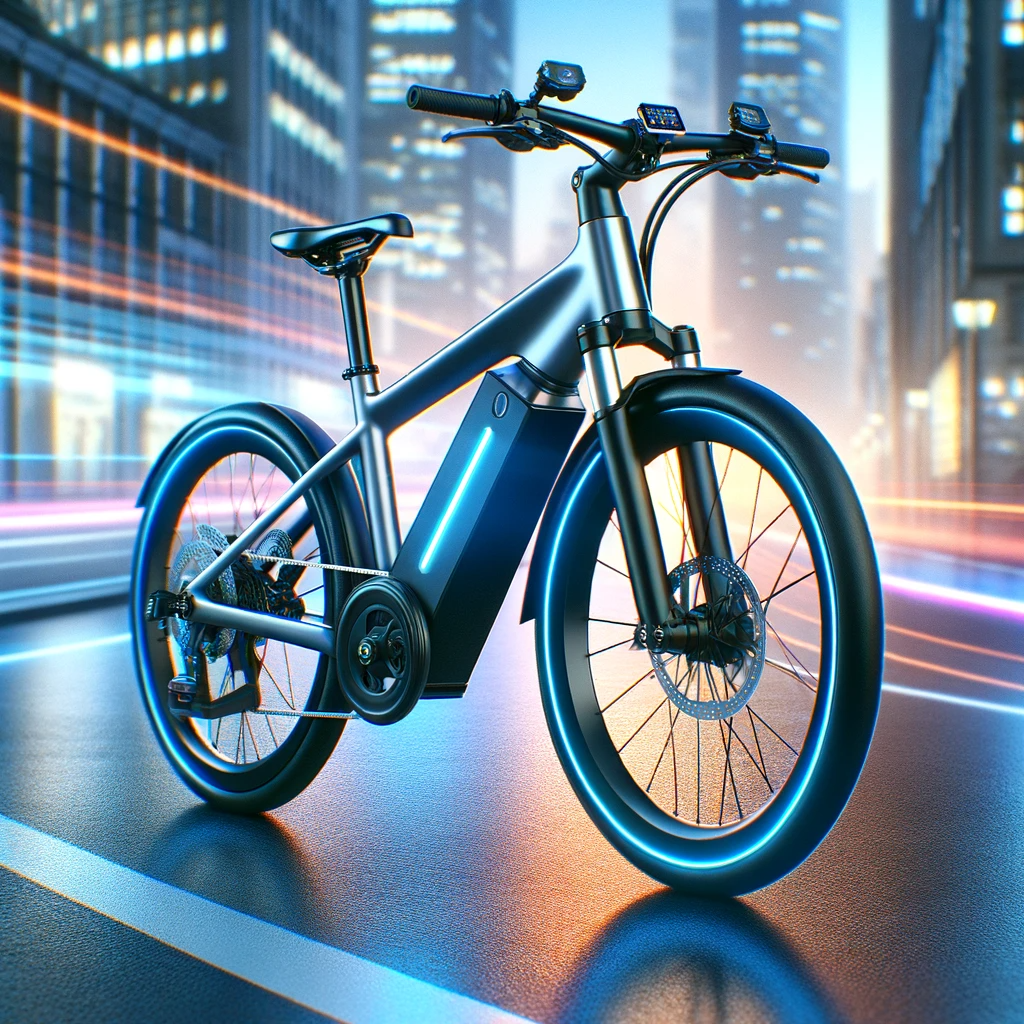 Un vélo électrique urbain EVERCROSS au design moderne, avec un cadre élégant et aérodynamique, une batterie intégrée, des lumières LED vives, et un affichage numérique sur le guidon, sur fond de ville floue, soulignant son adéquation avec les environnements urbains.